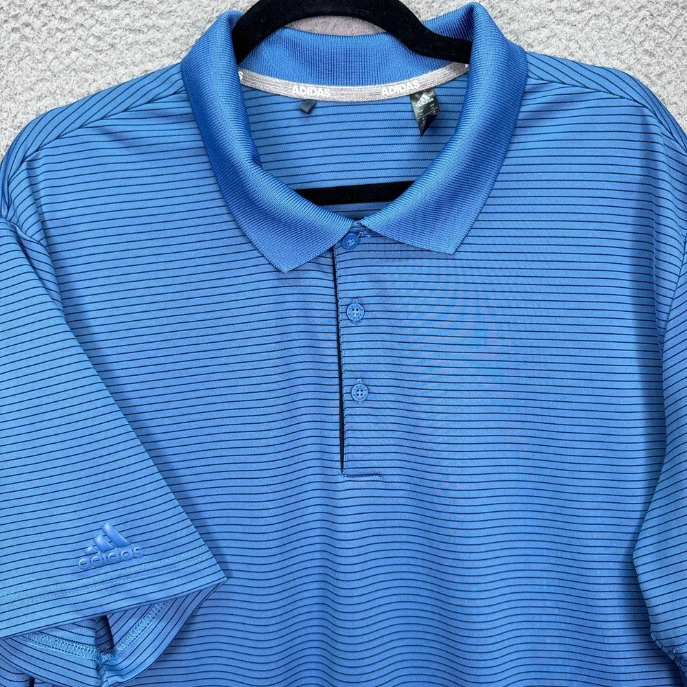 Adidas Polo Shirt Men XL Blue Black Striped Golf Preppy Sport Performance Active